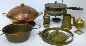 Lot 158 - Group lot of metal Ware inc, Eastern Brass lidded heating pan with tri