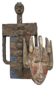 Lot 175 - 2 x vintage Carved Wooden Tribal Items - African mask + Large flat bac