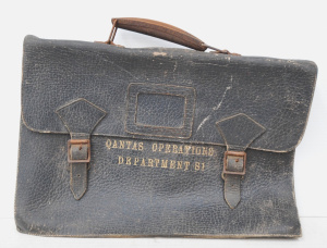 Lot 186 - Vintage Leather Satchel w Gilded text to front 'Qantas Operations Depa