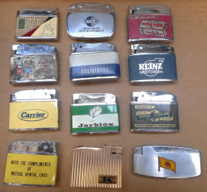Lot 209 - Group Vintage Cigarette Lighters with advertising, incl Radio Tokyo, C