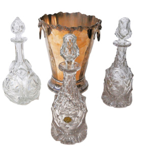 Lot 224 - 4 pieces vintage inc Pair late 1800s Heavy faceted cut crystal decante