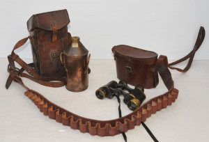 Lot 233 - 3 x Vintage Military items incl Leather Cased Binoculars, Leather Ammo