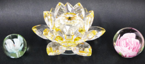 Lot 248 - 3 x Paperweights inc Clear with internal Camelia flower 6cm D clear wi