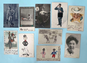 Lot 263 - 10 x c1900 + novelty postcards, gollies, boy riding cow, characters, e