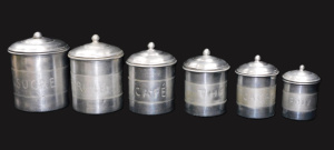 Lot 301 - Set of Six vintage Aluminium graduating cannister - Etched French lett