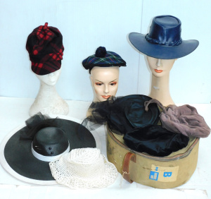 Lot 14 - Vintage Hat box & Contents inc Red Tartan Ladies Hunting style Hat,