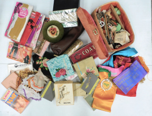 Lot 15 - Box lot of Vintage Ladies item inc Wicker Sewing basket & contents,