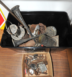Lot 28 - 2 x Boxes of Vintage Tools & Hardware incl Bosch Magneto, Air Horns