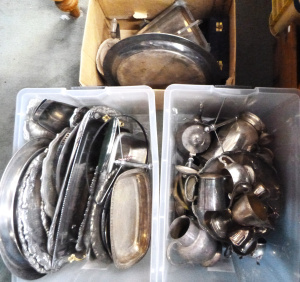 Lot 44 - 3x Boxes of Assorted EPNS Items incl Serving Trays, Plates, Cups, Jugs