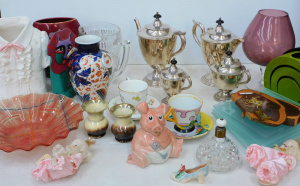 Lot 46 - 2 x Boxes Mixed inc 4 pce EPNS Tea & Coffee set, German Pottery, Wa