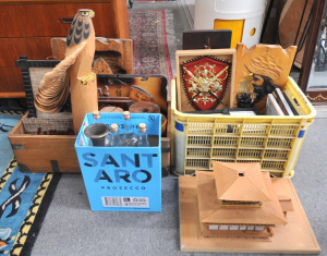 Lot 51 - 3 x Boxes of Wooden Items & Glass Bottles incl Carved Pieces, Assor
