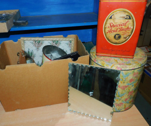 Lot 56 - Box Vintage Kitchenalia plus inc crystal droplets, Small piecrust mirro