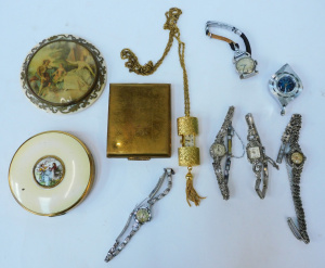 Lot 65 - Group lot of vintage Ladies items inc Powder compacts, watches - 3 x ma