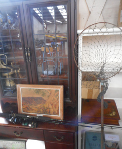 Lot 77 - Mixed Group lot incl Leadlight Bookcase top, Writing slope, Framed Albe