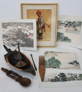 Lot 89 - Box Lot Mixed Items - incl Carved Wooden Tribal Items, Eastern Watercol