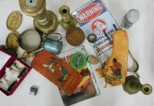 Lot 90 - Box Mixed items inc Tins, Enamel Oil Can, Brass Candlesticks, brass wal