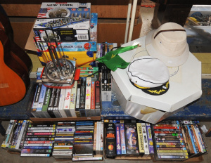 Lot 96 - Large Lot of Assorted Items incl CDs, DVDs, VHS Tapes, Hats, Vintage Fo