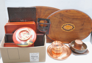 Lot 99 - Lot of Assorted Items incl Oriental Copper Pieces, Box of Lacquerware I