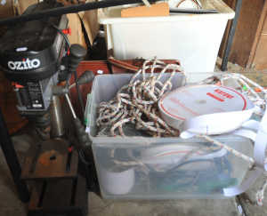 Lot 100 - Group Lot of Assorted Tools & Hardware incl Ozito Drill Press, Top