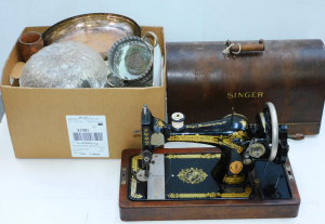 Lot 114 - Box Lot Mixed & Vintage Ornate Singer Hand Crank Sewing machine in