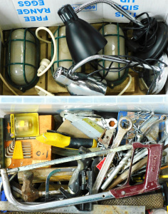 Lot 115 - 2 x Boxes Tools & Lighting inc lamps, spanners, hammers, hardware