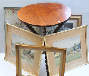 Lot 122 - Lot of Pictures & Turned Wooden Gypsy Table incl 2 x Framed Water
