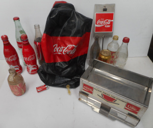 Lot 123 - Box lot Coca Cola items, incl Metal Straw Dispenser, Bottles, cans, et