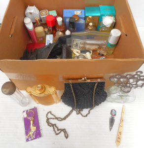 Lot 125 - Box Lady's items, incl Perfumes, Perfume Bottles, Gloves, Purse, etc