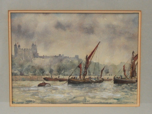Lot 137 - J H Jerray (English 20th C) Framed Watercolour - Off the Tower - faded