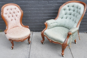 Lot 145 - 2 x Vintage Victorian Gentleman's & Ladies Chairs w Brocade Uphols