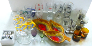 Lot 158 - Group lot of assorted items inc, Glass Ware with enamel images, chrome