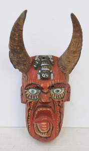 Lot 174 - Vintage Carved & Painted Wooden Devil Wall Mask w Natural Animal H