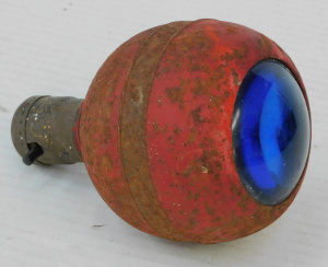 Lot 222 - Vintage Weathered Red light fitting - ball shape with blue glass lense