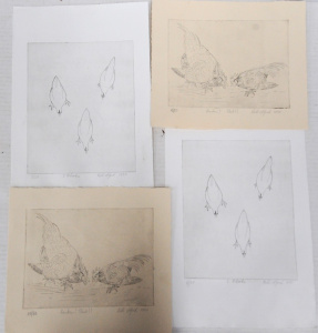 Lot 235 - Bill Offord (1944 - ) 4 x Unframed Etchings - 2 x 3 Chooks + 2 x Banta