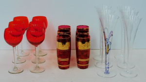 Lot 244 - Group lot Glassware inc Set of 6 Vibrant Ruby red stemmed wine glasses