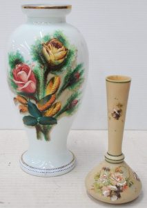 Lot 254 - 2 x Hpainted Victorian Glass Vases incl Large milk glass w Enamel Deco