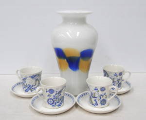 Lot 331 - Vintage Art Glass Vase & Set of Four Norwegian Figgjo Cups w Sauce