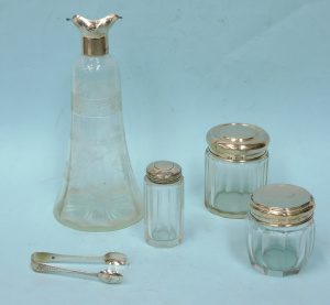Lot 339 - 5 pces English Hallmarked sterling silver inc Sterling lidded Glass Ja