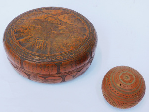 Lot 345 - 2 Carved Wooden Boxes inc Japanese lidded box with Itsukushima Shrine