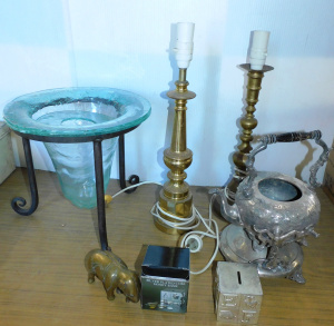 Lot 9 - Group lot metal ware inc 2 x Brass lamps, Brass Elephant, EPNS Spirit ke