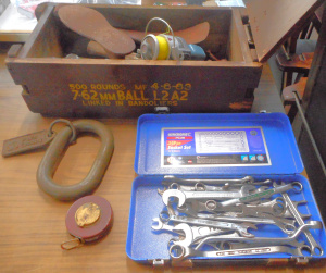 Lot 11 - Group lot of tools in an Ammo Crate, incl Tape Measure in Leather Case,
