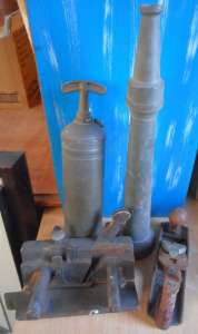 Lot 34 - Group lot Vintage Blokey items, incl Wood Plane, Router Plane, Brass F