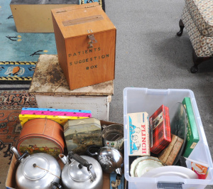 Lot 47 - Group Lot of Assorted Items incl Tins, China Pieces, Metal Fire Box, Wo