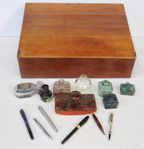 Lot 50 - Vintage Wooden Writing Box w Contents incl Bakelite Handled Blotter, Vi