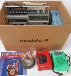 Lot 53 - Box of Music related items, incl Sony Walkman, Ltd ed Sgt Peppers dome,