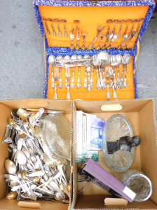 Lot 56 - 2 x Boxes Mixed Goods inc EPNS cutlery setting, loose cutlery, Crystal