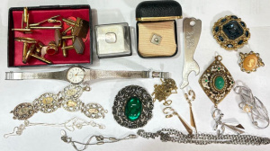 Lot 65 - Group lot - costume jewellery, 1956 Olympic Games leg shaped bottle ope