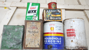 Lot 81 - Lot of Vintage Tins incl Arnotts Biscuit Tin w Paper Label, Gargoyle Mo