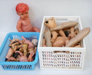 Lot 91 - 2 x Box lots of Vintage Mostly Composition Doll Parts inc, torsos and l