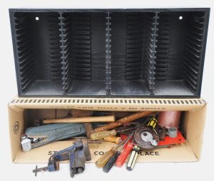 Lot 93 - Box Lot of Vintage Tools incl Spanners, Screwdrivers, Bench Vice, Brass